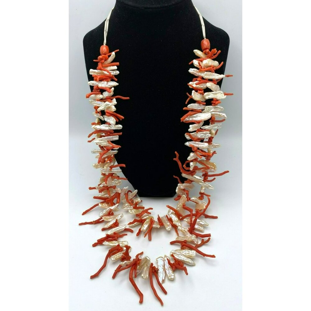 Orange Branch Coral Freshwater Pearl Necklace Double Strand Sterling Silver 32"